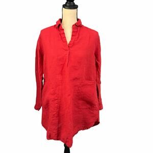 Embellish Womens Red 100% Linen Lagenlook Roll Tab Sleeve Tunic Top Sz M Pockets